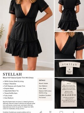 Stellah Black Puff Sleeve Eyelet-Trim Mini Dress